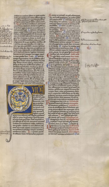 Inhabited Initial Q; Paris, France; about 1170 - 1180; Tempera colors, gold leaf, and ink on parchment; Leaf: 44.3 x 29.1 cm