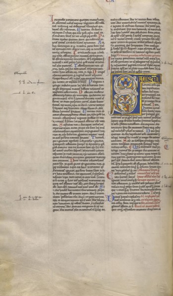 Inhabited Initial S; Paris, France; about 1170 - 1180; Tempera colors, gold leaf, and ink on parchment; Leaf: 44.3 x 29.1 cm
