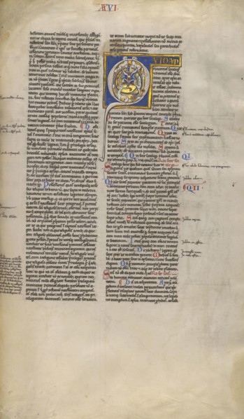 Inhabited Initial Q; Sens, or, France; about 1170 - 1180; Tempera colors, gold leaf, and ink on parchment; Leaf: 44.3 x 29.1 cm