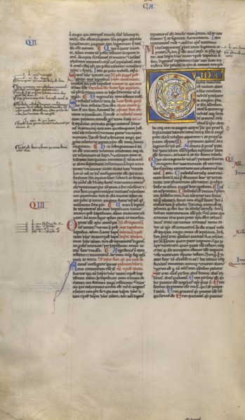 Inhabited Initial Q; Paris, France; about 1170 - 1180; Tempera colors, gold leaf, and ink on parchment; Leaf: 44.3 x 29.1 cm