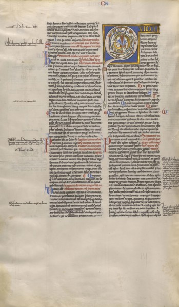 Inhabited Initial Q; Paris, France; about 1170 - 1180; Tempera colors, gold leaf, and ink on parchment; Leaf: 44.3 x 29.1 cm