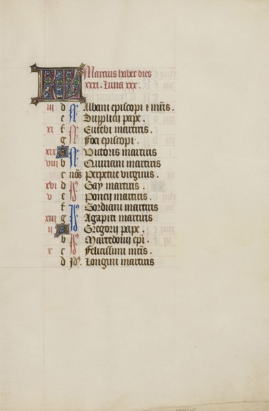 Calendar Page; Bruges, illuminated, Belgium; 1450s; Tempera colors, gold leaf, gold paint, and ink on parchment; Leaf: 26.4