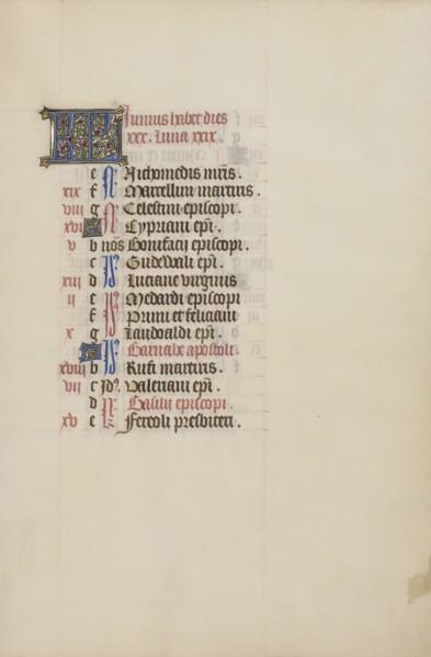 Calendar Page; Bruges, illuminated, Belgium; 1450s; Tempera colors, gold leaf, gold paint, and ink on parchment; Leaf: 26.4
