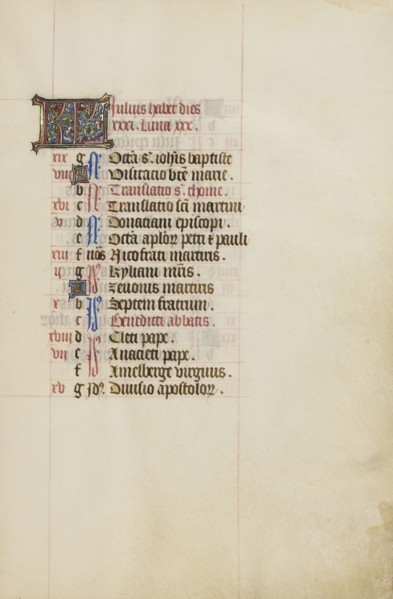 Calendar Page; Bruges, illuminated, Belgium; 1450s; Tempera colors, gold leaf, gold paint, and ink on parchment; Leaf: 26.4