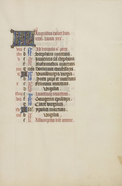Calendar Page; Ghent, bound, Belgium; 1450s; Tempera colors, gold leaf, gold paint, and ink on parchment; Leaf: 26.4 x 18.4 cm