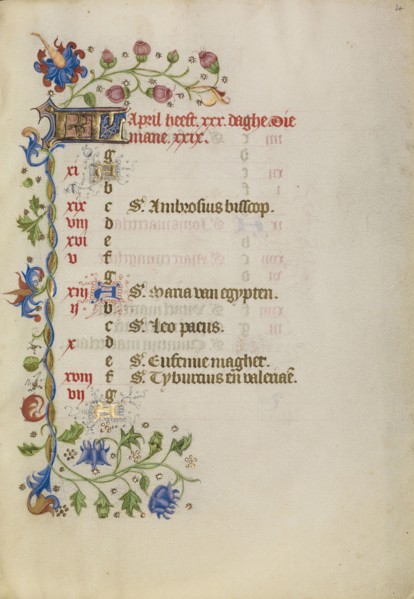Calendar Page; Brabant, possibly, Flanders, Belgium; after 1460; Tempera colors, gold leaf, and ink on parchment
