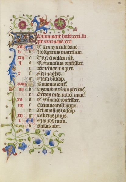 Calendar Page; Brabant, possibly, Flanders, Belgium; after 1460; Tempera colors, gold leaf, and ink on parchment
