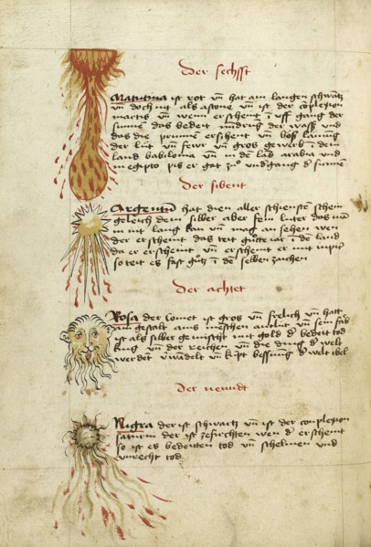 Comets; Ulm, Germany; shortly after 1464; Watercolor and ink on paper bound between original wood boards covered with original