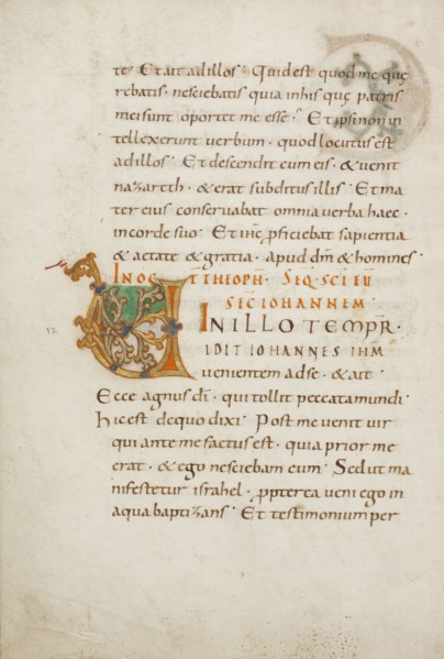 Decorated Initial V; Saint Gall, Switzerland; late 10th century; Tempera colors, gold paint, silver paint, and ink on parchment