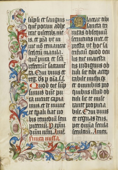 Decorated Text Page; Westphalia, Germany; about 1500 - 1505; Tempera colors, gold paint, and ink on parchment; Leaf: 38.7 x 27.9