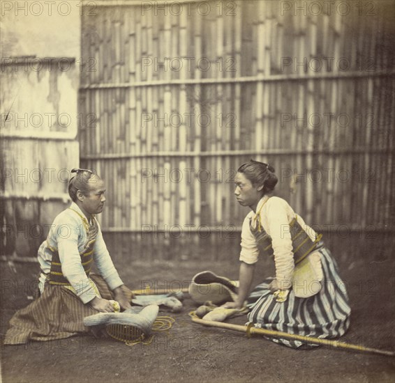 Fencers; Felice Beato, 1832 - 1909, Japan; 1866 - 1867; Hand-colored Albumen silver print