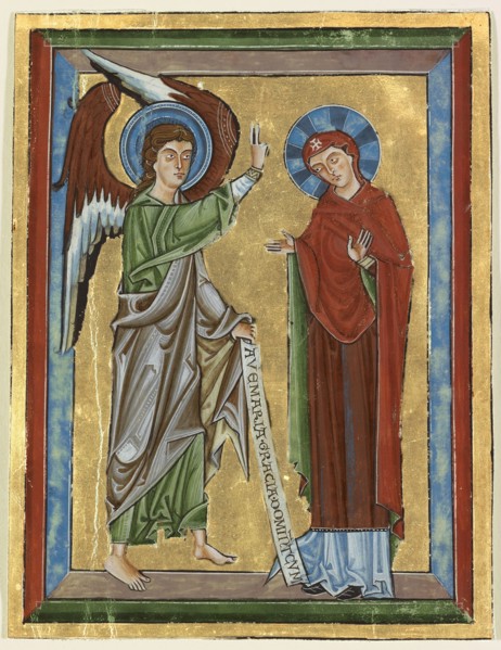 The Annunciation; Würzburg, Germany; about 1240; Tempera colors, gold leaf, and iron gall ink on parchment; Leaf: 17.8 x 13.5 cm