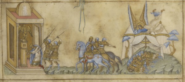 The Death of Sennacherib; Sicily, Italy; about 1300; Tempera colors and gold on parchment; Leaf: 7.3 x 17.5 cm, 2 7,8 x 6 7,8 in