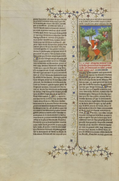 Samson and the Lion; Paris, France, Europe; about 1413 - 1415; Tempera colors, gold leaf, gold paint, and ink on parchment; Leaf