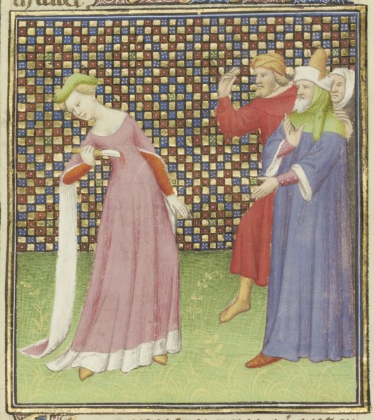 The Suicide of Lucretia; Paris, France; about 1413 - 1415; Tempera colors, gold leaf, gold paint, and ink on parchment; Leaf