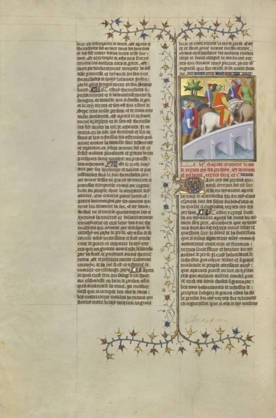 Xerxes, King of the Persians, Crosses a Bridge with His Army; Paris, France, Europe; about 1413 - 1415; Tempera colors, gold
