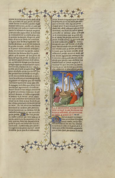 Cartalus, Hanged by Order of His Father, is Cut Down from the Gibbet; Paris, France, Europe; about 1413 - 1415; Tempera colors
