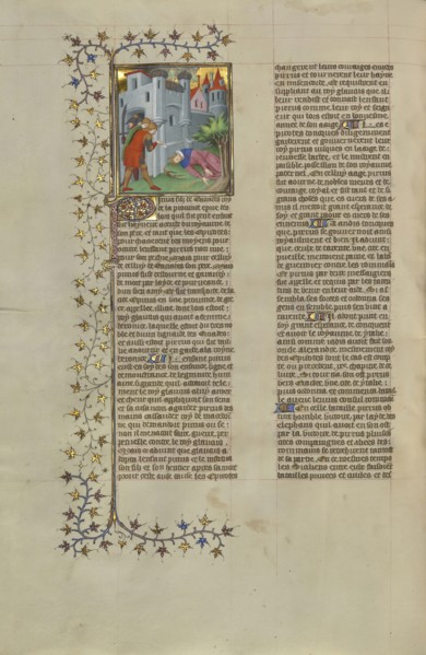 The Wounding of Pyrrhus; Paris, France; about 1413–1415; Tempera colors, gold leaf, gold paint, and ink on parchment; Leaf