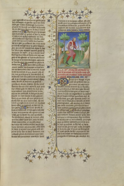 Prusias II, King of Bithynia, Reduced to Begging; Paris, France, Europe; about 1413 - 1415; Tempera colors, gold leaf, gold
