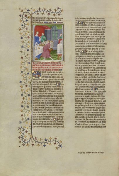 Cleopatra Presented with the Head and Limbs of Her Own Child; Paris, France, Europe; about 1413 - 1415; Tempera colors, gold