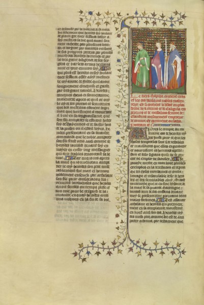 Tiberius, Messalina, and Caligula Reproach One Another in the Midst of Flames; Paris, France; about 1413–1415; Tempera colors