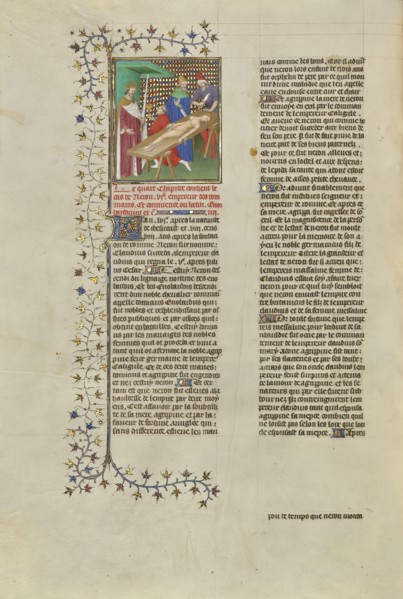 Nero Pauses for a Drink during the Mutilation of His Mother's Body; Paris, France, Europe; about 1413 - 1415; Tempera colors