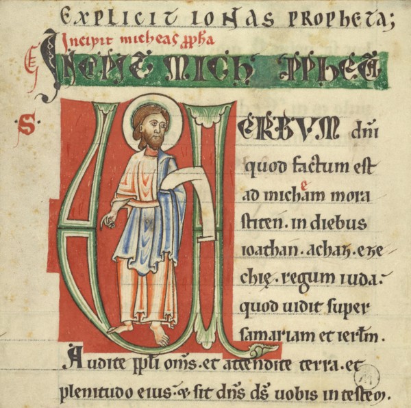 Initial V: Micah; Northeastern France, probably, France; about 1131–1165; Tempera colors and ink on parchment