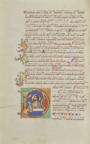 Initial D: Isaiah in Prayer; Hildesheim, Germany; probably 1170s; Tempera colors, gold leaf, silver leaf, and ink on parchment