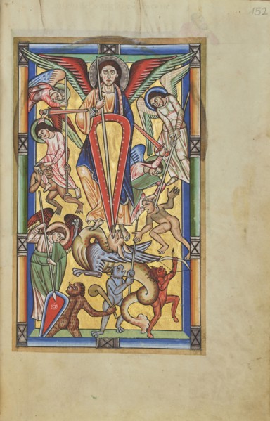 Saint Michael Battling the Dragon; Hildesheim, Germany; probably 1170s; Tempera colors, gold leaf, silver leaf, and ink