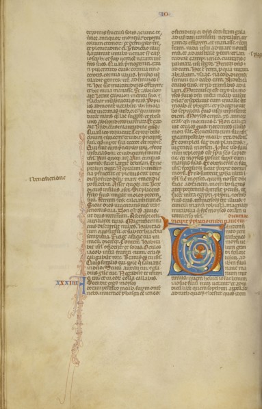 Decorated Initial T; Bologna, Emilia-Romagna, Italy; about 1280 - 1290; Tempera colors, gold leaf, and ink on parchment