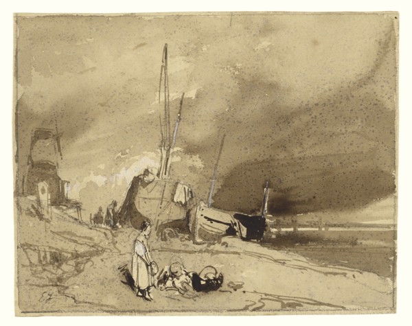 Fishing Boats on a Beach, Storm Clouds in the Distance; Eugène Isabey, French, 1803 - 1886, France; about 1830; Brown wash