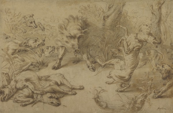 A Wild Boar at Bay; Frans Snyders, Flemish, 1579 - 1657, Flanders, Belgium; 1620 - 1630; Black chalk, pen and brown ink, brown