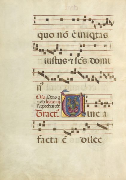 Decorated Initial V; Northern Italy, Italy; about 1460 - 1480; Tempera colors and gold leaf on parchment; Leaf: 60.3 x 44 cm
