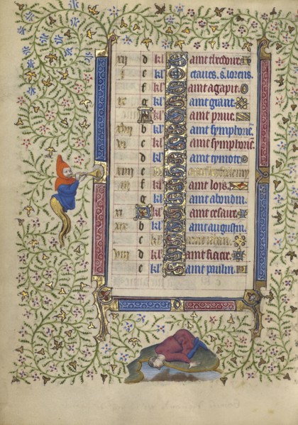 Decorated Calendar Page; Paris, France; about 1410; Tempera colors, gold leaf, gold paint, and ink on parchment; Leaf: 19.1 x 14