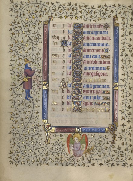 Decorated Calendar Page; Paris, France; about 1410; Tempera colors, gold leaf, gold paint, and ink on parchment; Leaf: 19.1 x 14