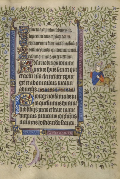 Decorated Text Page; Paris, France; about 1410; Tempera colors, gold leaf, gold paint, and ink on parchment; Leaf: 19.1 x 14 cm