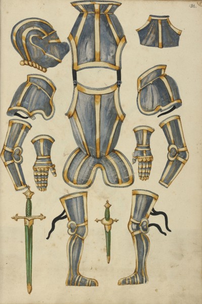 Armor; Augsburg, probably, Germany; about 1560 - 1570; Tempera colors and gold and silver paint on paper bound between original