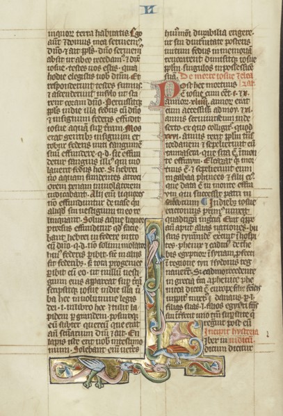 Inhabited Initial L; Peter Comestor, French, about 1100 - about 1179, Austria; about 1300; Tempera colors and gold leaf