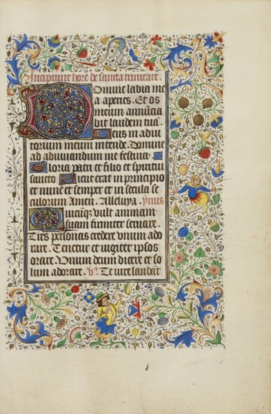 Decorated Text Page; Ghent, bound, Belgium; 1450s; Tempera colors, gold leaf, gold paint, and ink on parchment; Leaf: 26.4 x 18