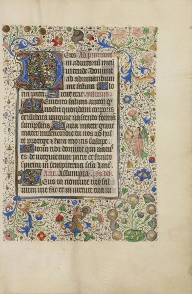 Decorated Text Page; Ghent, bound, Belgium; 1450s; Tempera colors, gold leaf, gold paint, and ink on parchment; Leaf: 26.4 x 18