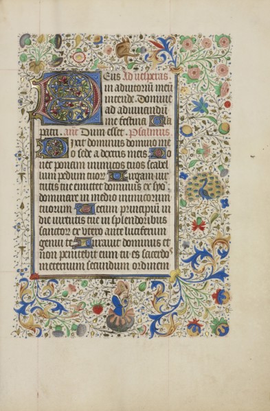 Decorated Text Page; Ghent, bound, Belgium; 1450s; Tempera colors, gold leaf, gold paint, and ink on parchment; Leaf: 26.4 x 18