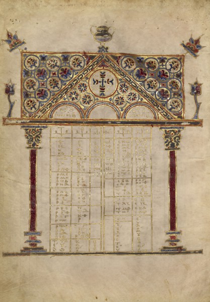 Canon Table Page; Constantinople, Turkey; late 13th century; Tempera colors, gold leaf, gold ink, and ink on parchment