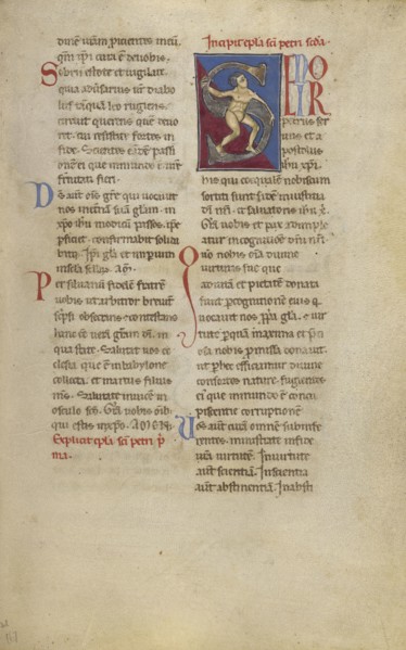 Inhabited Initial S; Sicily, probably, Italy; late 12th century; Tempera colors, gold leaf, and ink on parchment