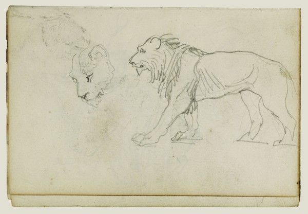 Lion Walking, Head of a Lioness; Théodore Géricault, French, 1791 - 1824, 1812 - 1814; Graphite; 15.2 x 10.6 cm, 6 x 4 3,16 in