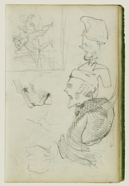Studies of Lion, Compositional Group Figure Study, Two Caricatures; Théodore Géricault, French, 1791 - 1824, 1812 - 1814