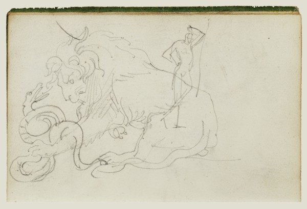Lion Attacking a Snake over Nude Figure Study; Théodore Géricault, French, 1791 - 1824, 1812 - 1814; Graphite; 15.2 x 10.6 cm