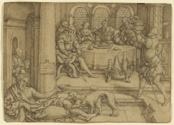 Lazarus Begging for Crumbs from Dives's Table; Heinrich Aldegrever, German, 1502 - about 1561, 1552; Pen and brown ink, brown