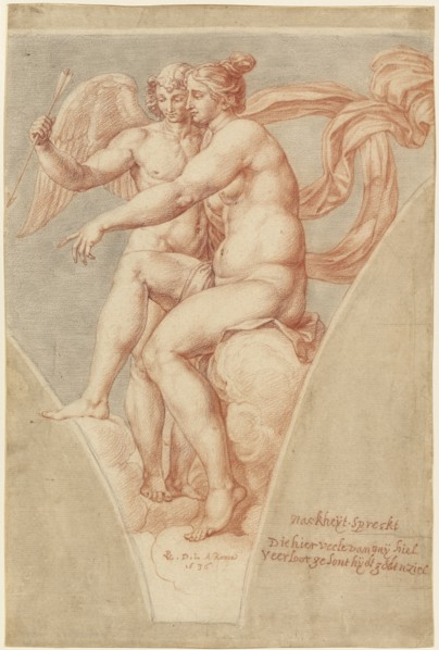 Venus and Cupid after Raphael; Pieter van Lint, Flemish, 1609 - 1690, 1636; Black and red chalk and brown wash; 41.8 x 27.9 cm