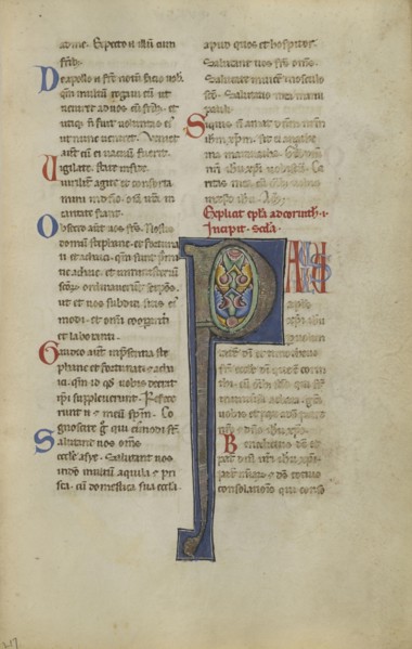 Decorated Initial P; Sicily, probably, Italy; late 12th century; Tempera colors, gold leaf, and ink on parchment