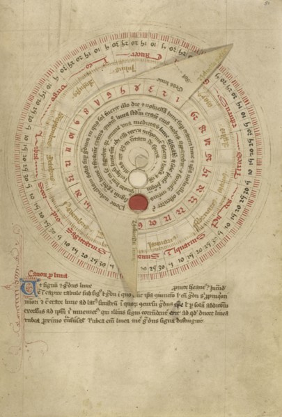 Astronomical Table with Vovelle; Worcester, England; late 14th century, shortly after 1386; Pen and black ink and tempera on